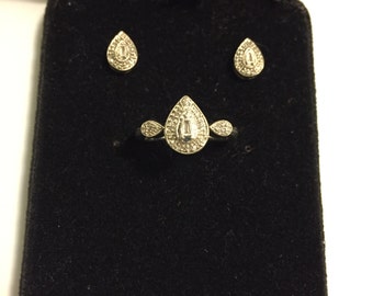 Vintage Art Deco Engagement ring with matching earrings. Pear Shaped Sterling Silver ring with Diamonds and matching Diamond Earrings