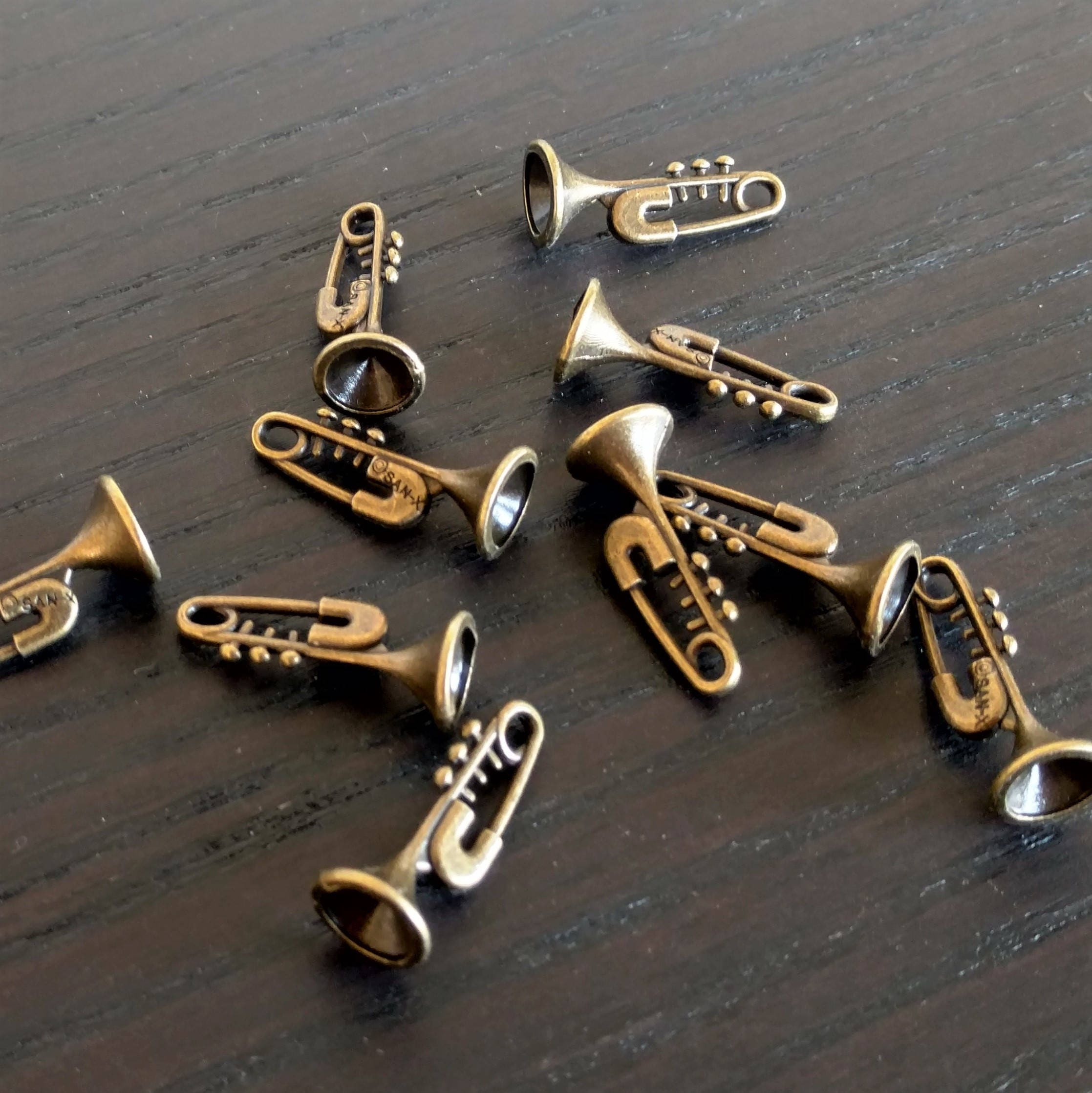 4 Musical Horn Charms, Instrument Charm, Trumpet Horn, Trombone Charm