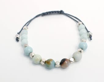 Bracelet ajustable avec billes en pierre d'Agate et pierre de Jade