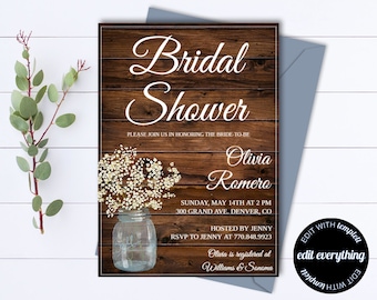 Rustic Bridal Shower Invitation - Country Bridal Shower Invite - Printable Invitation - Rustic wedding shower invite - Instant Download