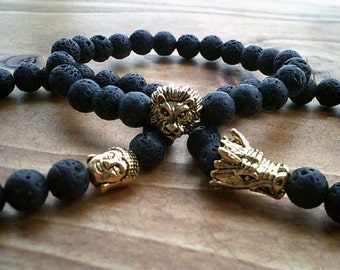Natural Healing Volcanic Lava Bead Bracelet, Lion Dragon Buddha Bracelet, Gemstone Bangle Jewelry, Gemstone Beaded Bracelet Jewellery