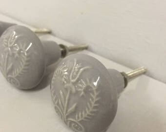 Set 6 X DOVE grey embossed ceramic knobs - Ceramic Home decor drawer pull