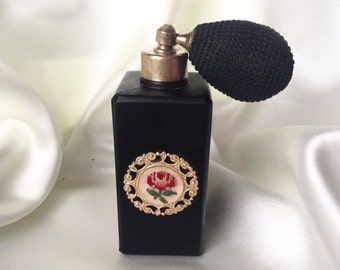 Vintage Art Deco Petit Point and Black Frosted Glass Atomiser Bottle,Austrian Square Perfume Bottle,Boudoir Decor,Rose Embroidery Bottle