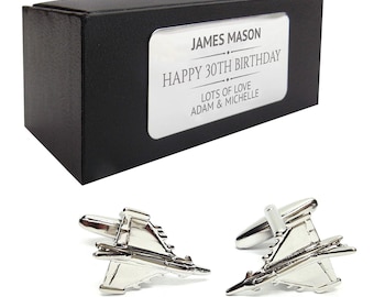 Fighter jet airplane aeroplane CUFFLINKS 30th, 40th, 50th, 60th, 70th birthday gift, presentation box PERSONALISED ENGRAVED plate - 180