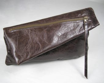 The Francesca, Chocolate Brown Soft lambskin leather clutch, Mustard lining