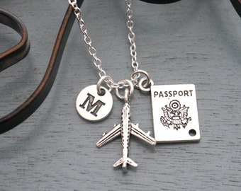 Airplane Necklace, Personalized Airplane Necklace, Silver Plane Necklace, Initial Necklace, Airplane Jewelry, Travel Necklace, Passport