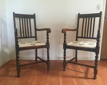 Pair of Antique Wooden Chairs in Authentic African Mud Cloth