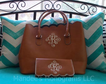 Monogrammed Scalloped Tote and Wallet Set, Monogrammed Scalloped Handbag and Wallet Set, Monogrammed Scalloped Handbag and Wallet Gift Set