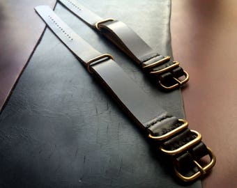 Leather Nato Strap | Horween Chromexcel Nato | Black | Real Bronze Hardware | Horween Leather Zulu Strap