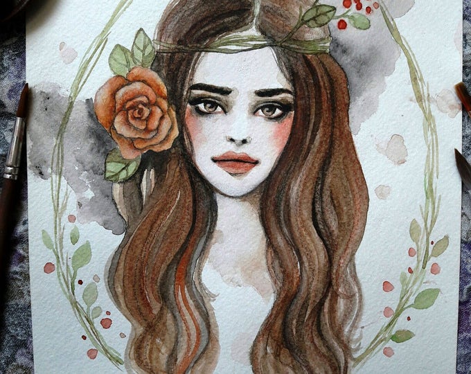 Girl painting ORIGINAL watercolor art by Tatiana Boiko, wall art, wall hanging, wall decor, floral, forest, Russian art, gift, decor,