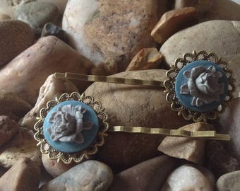 Blue Bronze Vintage Peony Flower Cameo Hair Bobby Kirby Clips Grips Slides Pins - Handmade - Brand New