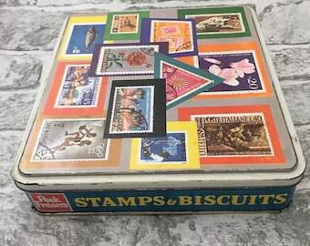 Peek Frean And Co Square Tin with lift off Lid, Stamps And Biscuit Metal Tin