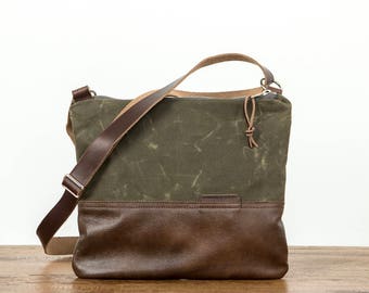 Waxed Canvas and Leather Crossbody Bag Olive / Handmade Leather and Canvas Purse / Cross Body Bag with Strap