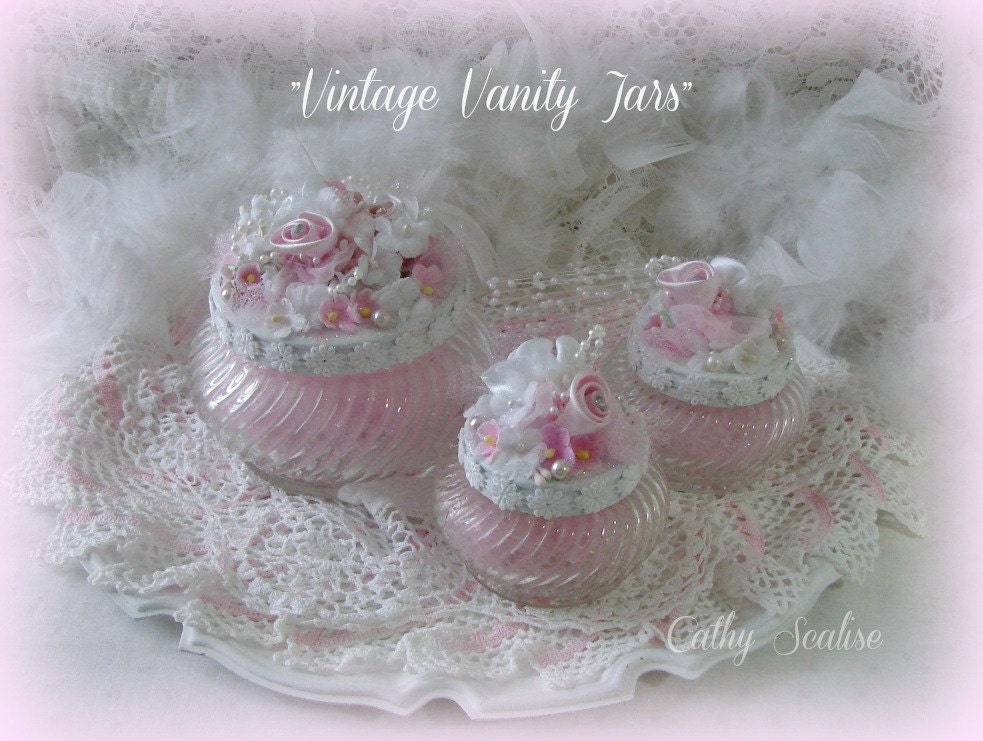 Vintage Vanity Jars with Silk Roses Cottage Chic Glass
