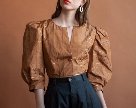 50s taffeta plaid puff sleeve blouse / puff dramatic balloon