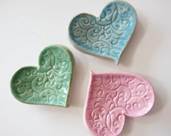 Set of 3 Heart Shaped Ring Dishes, Ready to ship, Pastel hues, Green blue and pink