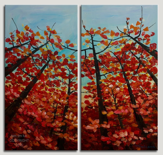 Red Maple art Autumn landscape painting acrylic by elseart on Etsy