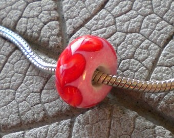 Red Pink White Heart BHB Lampwork Beads by Cherie Sra R114 Big Hole Bead Flameworked Bead Floral 5mm hole Valentines Day Heart Red Pink BHB