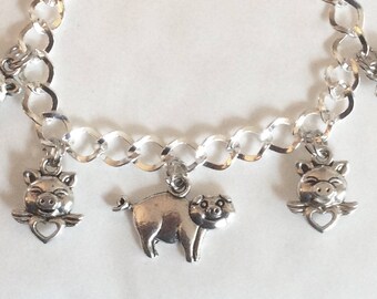Pigs might fly bracelet pig hearts handmade silver tone charms 19cm /7.5" Other lengths available and matching earrings