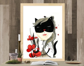 Cat Woman Mask, Superhero Illustration Wall Art, Cat Woman Painting, Cat Lady Gifts, Original Illustration