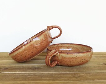 Stoneware Bowls with One Handle in Shino Glaze - Set of 2