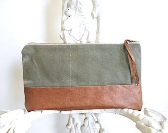Recycled military canvas, leather utility pouch, mini clutch, bike tool bag - eco vintage fabrics
