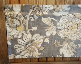 Grey Gray Floral Valance - Richloom Almada Granite Fabric - Colors include brown, blue, tan, yellow, grey and cream.