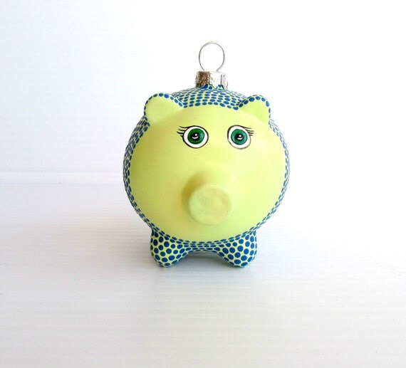Piggy Ornament: Hand painted Glass Piggy ornament Mellon Green and dark turquoise blue Piggy