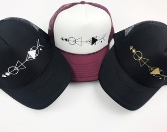 Arrow Trucker Hat, Snapback, women's Cap, Black, Gold, Maroon, Burgundy, Black and White, Adjustable Hat.