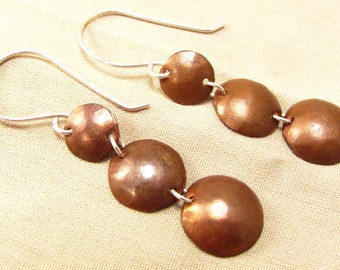 Mixed metal earrings - long copper earrings - linked - copper disks - rustic copper - copper silver - long earrings - copper boho earrings