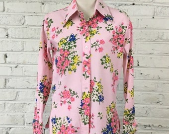 1970s Pink Floral Disco shirt (as is), size S