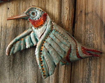 Hummingbird - copper metal flying songbird art sculpture - wall hanging - with turquoise blue and iridescent red-orange patinas - OOAK
