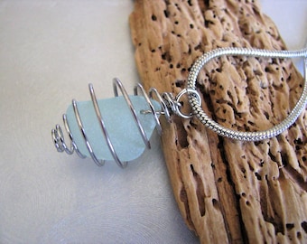 Seafoam Sea Glass - Sea Glass Pendant - Caged Seafoam Necklace - Ocean Pendant Necklace - Seafoam Sea Glass in Silver Cage