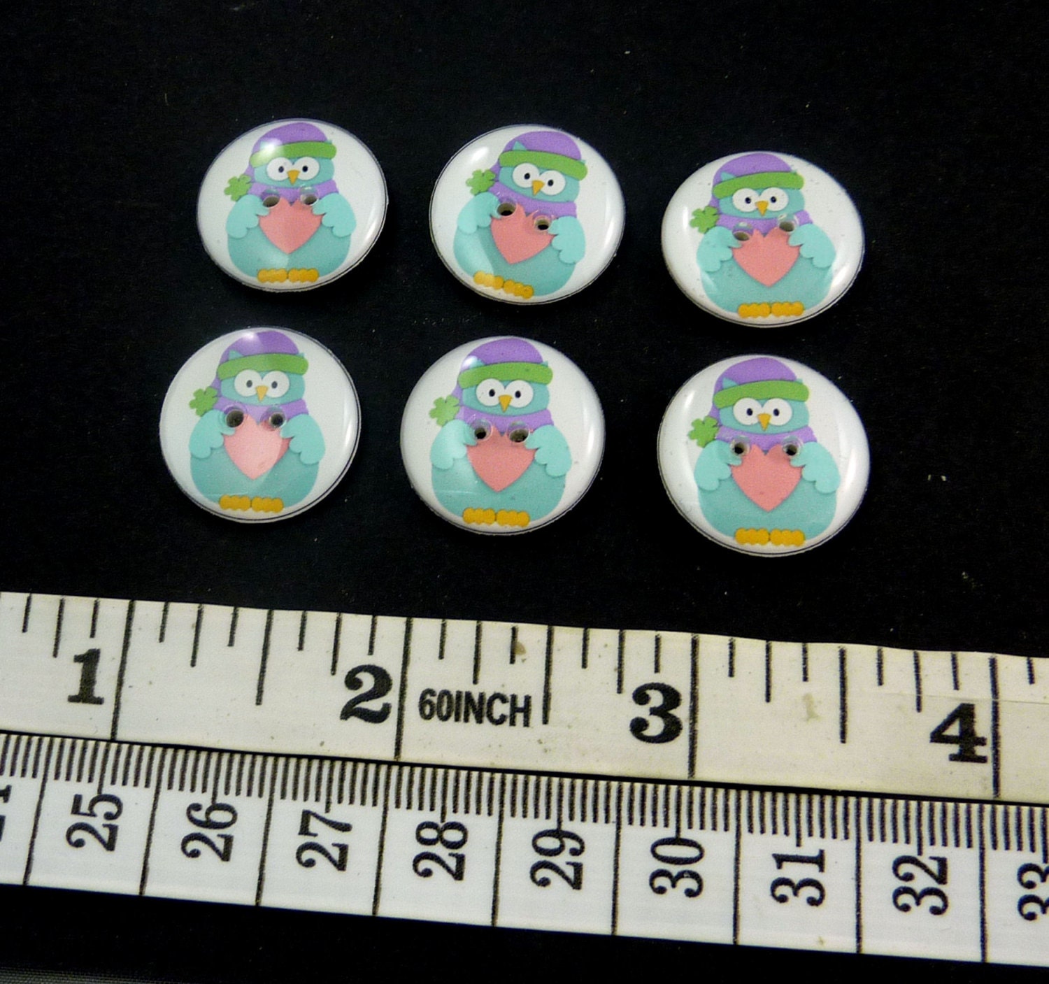 6 Blue Owl Buttons. Handmade Decorative Sewing Buttons. Great for