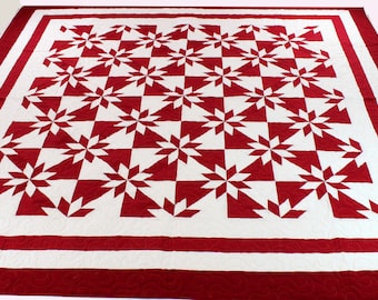 Unique Red and White Star Field patchwork FINISHED QUILT Great Graphic Look !
