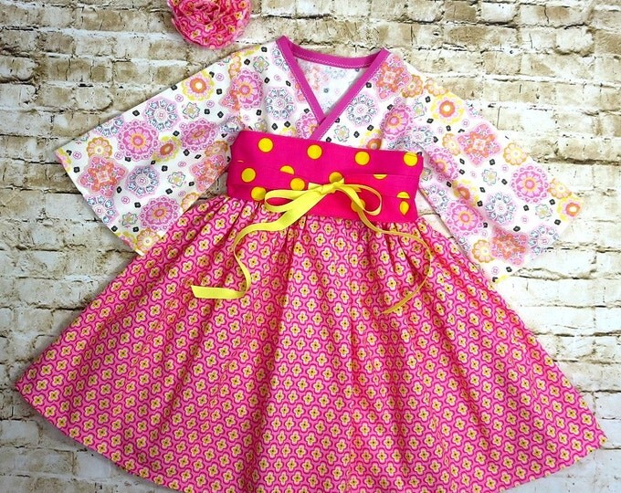 Little Girls Pink Dresses - Toddler Clothes - Birthday - Boutique Kids Clothes - Kimono Dress - Obi - Mother's Day - 12 mo to 14 Years