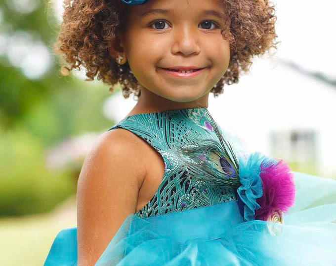 Peacock Flower Girl Dress - Boutique Toddler Dresses - Toddler Pageant - Custom - Full Length Dress - Wedding - Headband - 2T to 8 Yrs