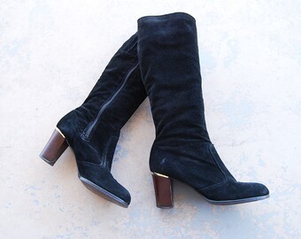 vintage 70s Boots - 1970s Black Suede Gogo Boots - Knee High Leather Boots Sz 10 41