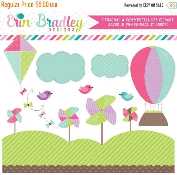 50% OFF SALE Digital Clipart Hot Air Balloon Pinwheels Kite & Birds Commercial Use Clip Art Graphics Il_570xn