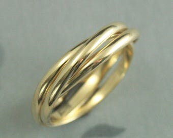 Fidget Ring~Solid 14K Rolling Ring~Gold Interlocking Ring~Three 2mm wide Half Round Bands~Russian Wedding Band~Gold Wedding Ring