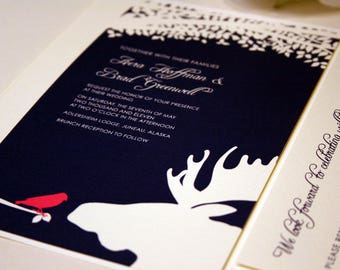 Bird and Moose Wedding Invitation with Tree, Wedding Invites, Wedding Invitations