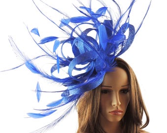 Ostrich Royal Blue Fascinator Cocktail Hat For Weddings, Races and Proms With Headband(40 colours avail)