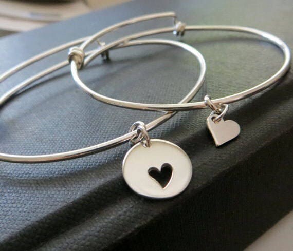 Wedding Gift for mom, heart bangle bracelet, sterling silver, mother daughter matching set, mom, bride, wedding day jewelry