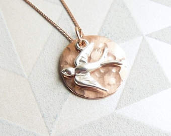 Hammered Rose Gold Disc and Silver Swallow Necklace