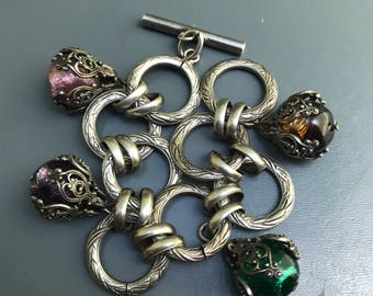 Vintage Charm Bracelet . Foil Glass . France . French . Victorian Revival Costume jewelry