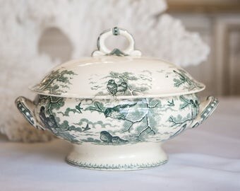 Antique French Sarreguemines Green Transferware Ironstone Tureen w/ Birds
