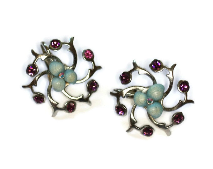 Purple Rhinestones Tiny Blue Shells Earrings Swirls Silver Tone Vintage