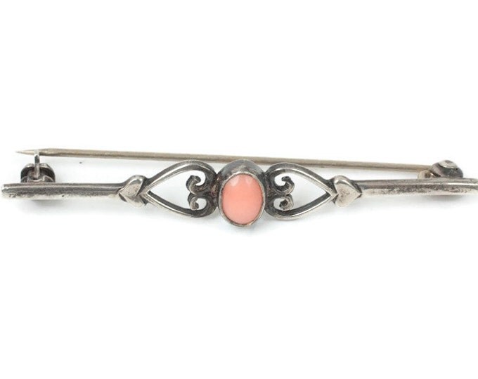 Silver and Coral Cabochon Bar Pin Heart Design Vintage