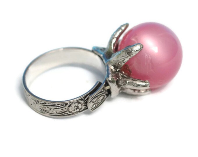 Pastel Pink Moonglow Ring Adjustable Silver Tone Band Vintage