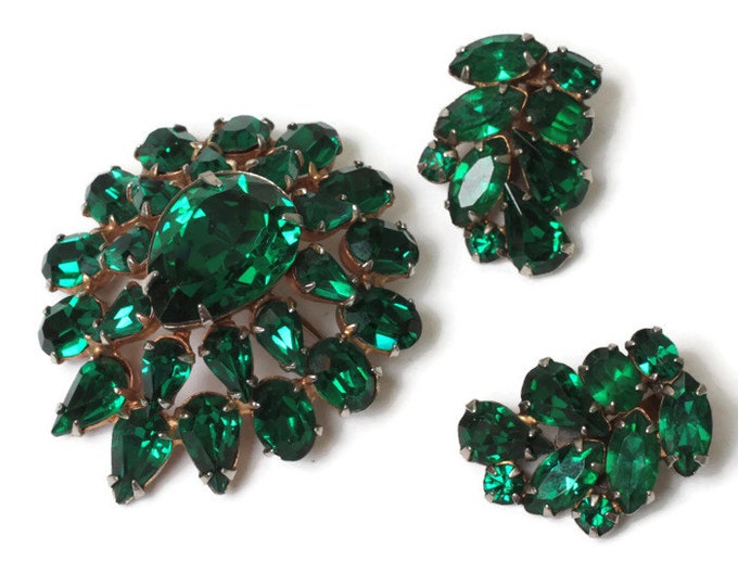 Green Rhinestone Brooch Earrings Demi Set 1960s Vintage Mid Century Modern